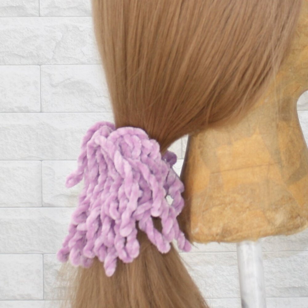 HAND CRAFTED Hair Scrunchie Fringe Crochet Kids Chenille Spring Oversized Lilac
